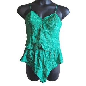 Vintage Victoria's Secret Gold Label Green Floral Satin Tank Set Sexy Intimates